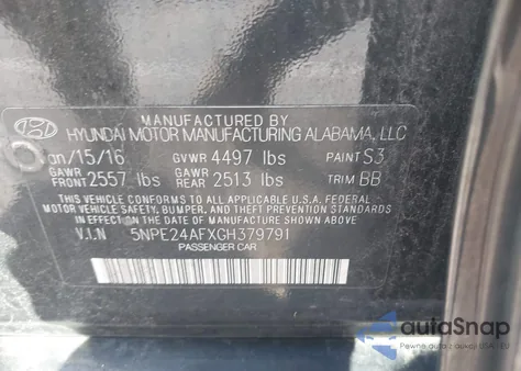 2016 Hyundai Sonata Se из США, поврежденный, VIN 5NPE24AFXGH379791